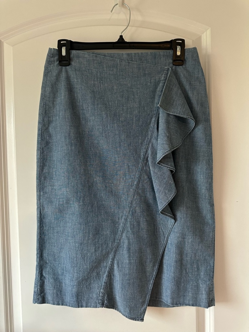 J. Crew Preppy Denim Midi Pencil Skirt with Ruffle Wrap